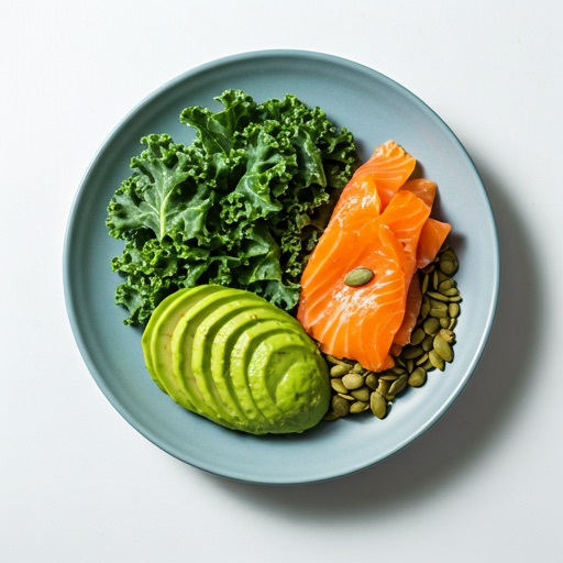 A prenatal bowl with kale, avocado, salmon, and pumpkin seeds on a light gray plate